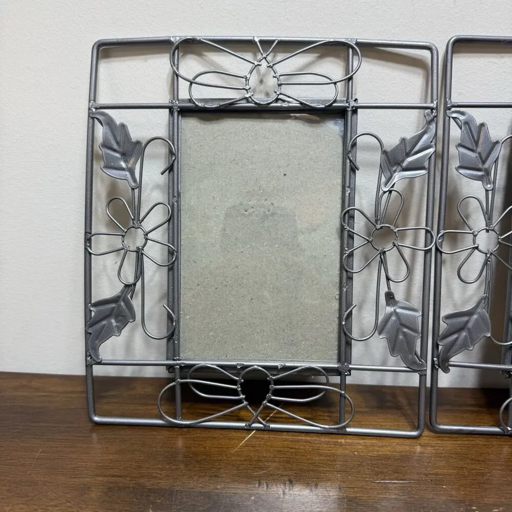 Pair Vintage Metal Wire Photo Frames Ornate Butterfly Floral Silver Tone Fairy